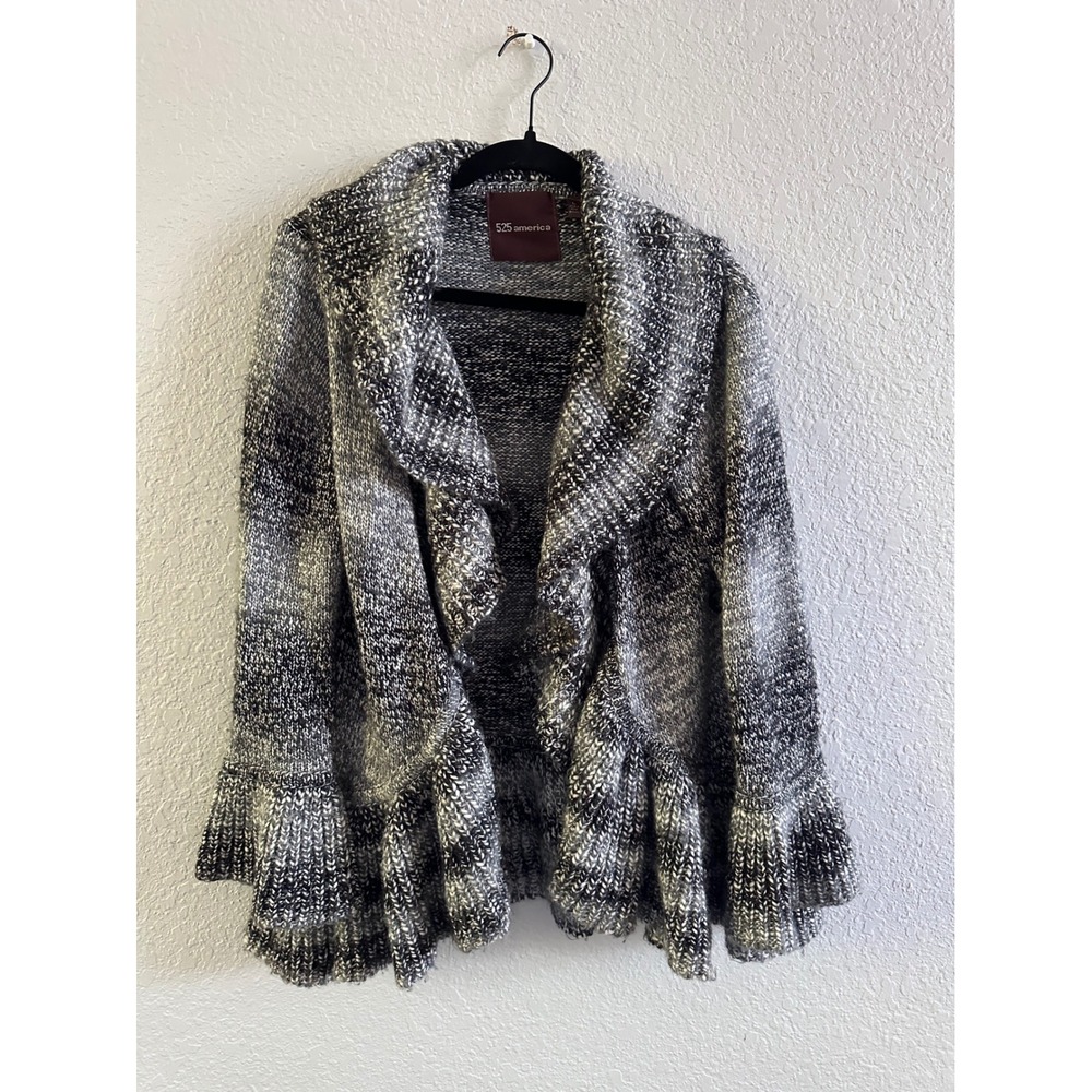 525 America Womens Large Space Dye Knit Ruffle Peplum Cardigan Bell Sleeve Gray